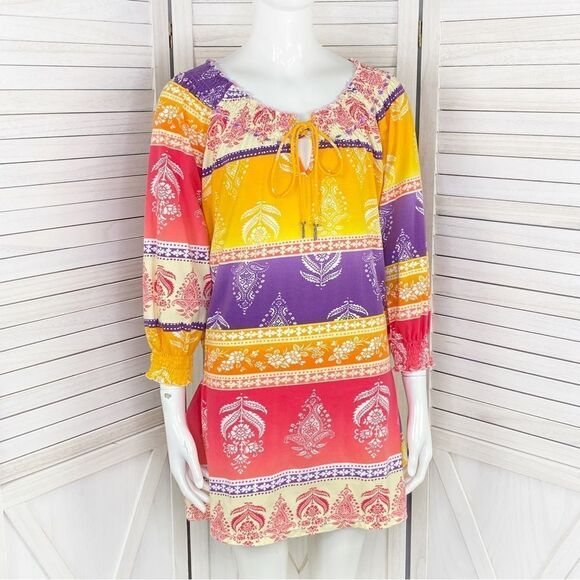Joyous & Free Floral Damask Colorblock Tunic Dress Small Off Shoulder Smocked - Picture 2 of 13
